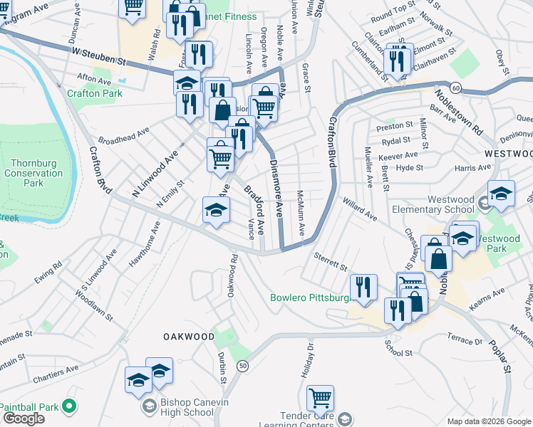 map of restaurants, bars, coffee shops, grocery stores, and more near 60 Bradford Avenue in Pittsburgh