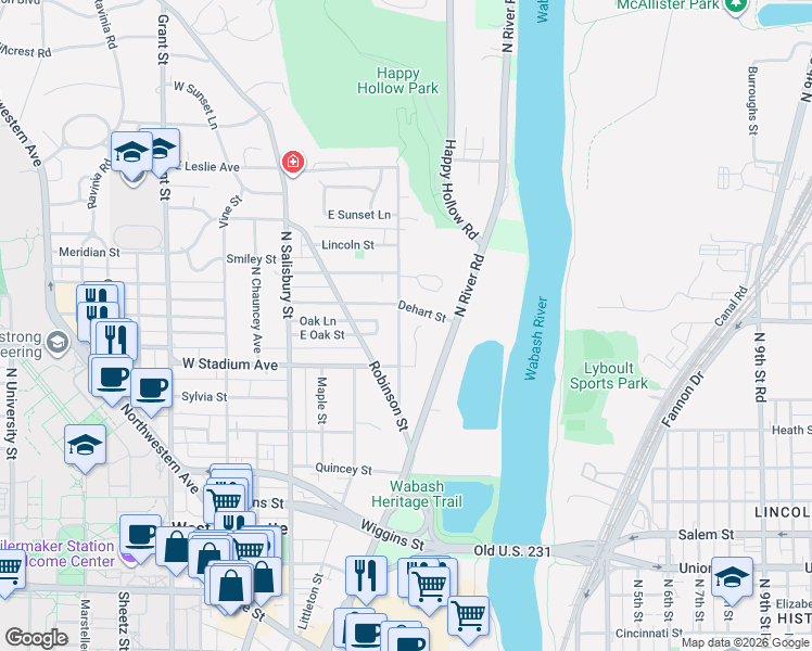map of restaurants, bars, coffee shops, grocery stores, and more near 636 Rose Street in West Lafayette