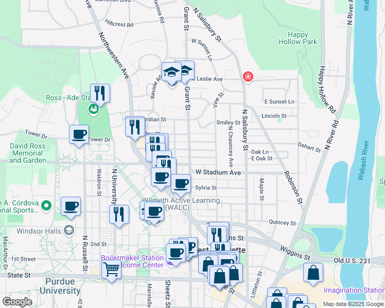 map of restaurants, bars, coffee shops, grocery stores, and more near 331 Lawn Avenue in West Lafayette