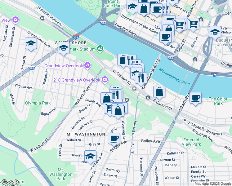 map of restaurants, bars, coffee shops, grocery stores, and more near 136 Grandview Avenue in Pittsburgh