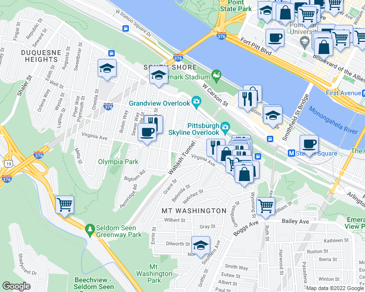 map of restaurants, bars, coffee shops, grocery stores, and more near 204 Ulysses Street in Pittsburgh