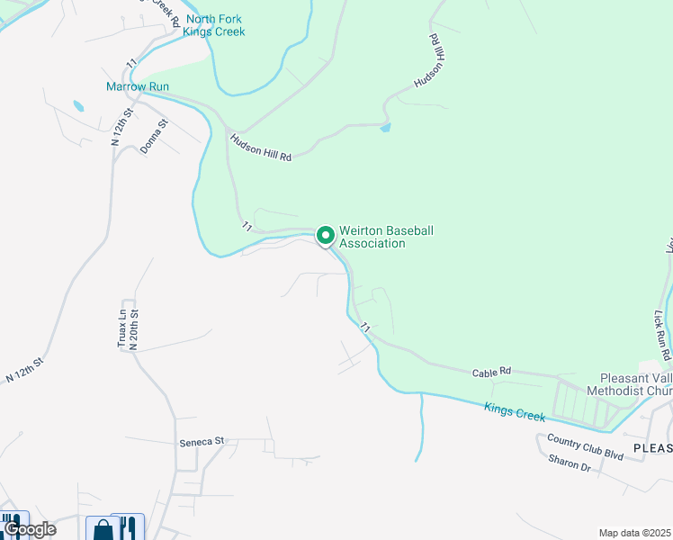 map of restaurants, bars, coffee shops, grocery stores, and more near 3660 Kings Creek Road in Weirton