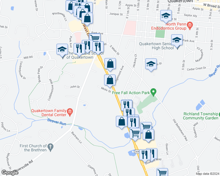 map of restaurants, bars, coffee shops, grocery stores, and more near 440 South West End Boulevard in Quakertown