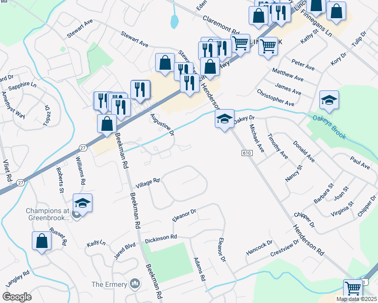 map of restaurants, bars, coffee shops, grocery stores, and more near 33 Colleen Court in South Brunswick Township