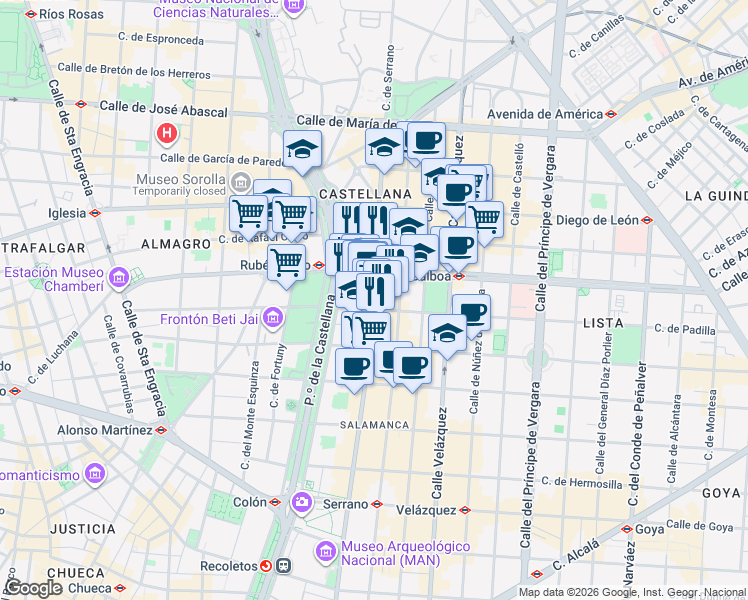 map of restaurants, bars, coffee shops, grocery stores, and more near 88 Calle de Serrano in Madrid