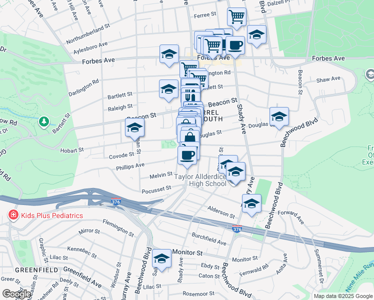 map of restaurants, bars, coffee shops, grocery stores, and more near 5712 Phillips Avenue in Pittsburgh
