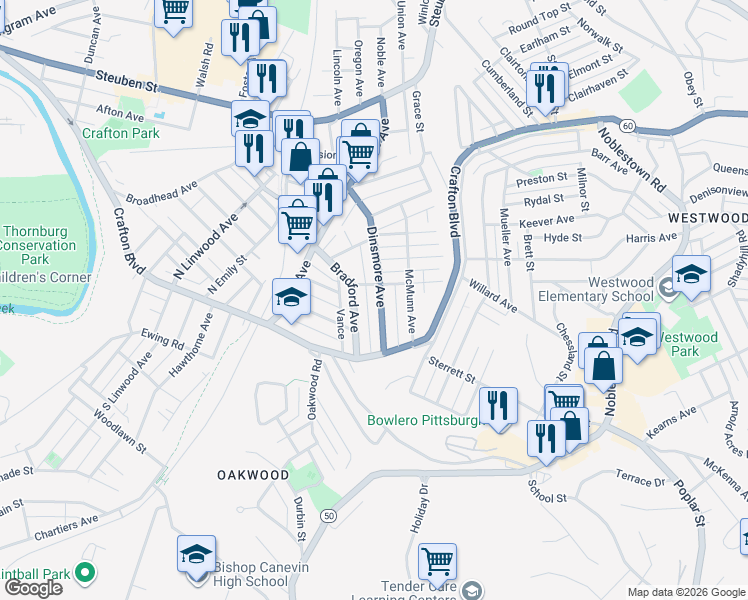 map of restaurants, bars, coffee shops, grocery stores, and more near 60 Bradford Avenue in Pittsburgh