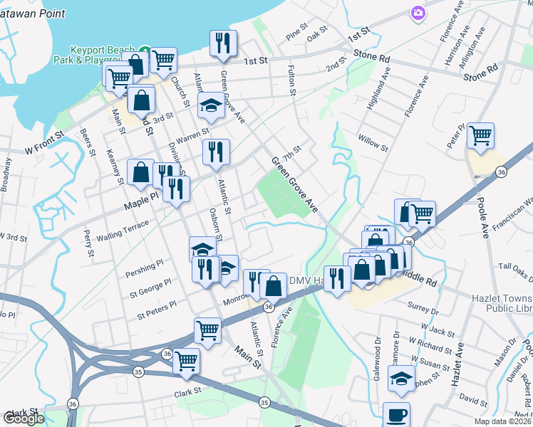map of restaurants, bars, coffee shops, grocery stores, and more near 6 Hall Place in Keyport