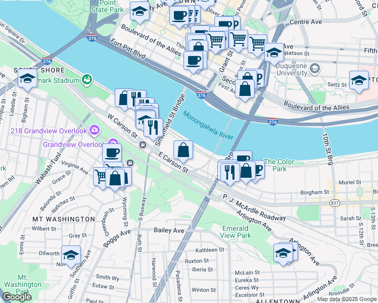 map of restaurants, bars, coffee shops, grocery stores, and more near 160 East Station Square Drive in Pittsburgh