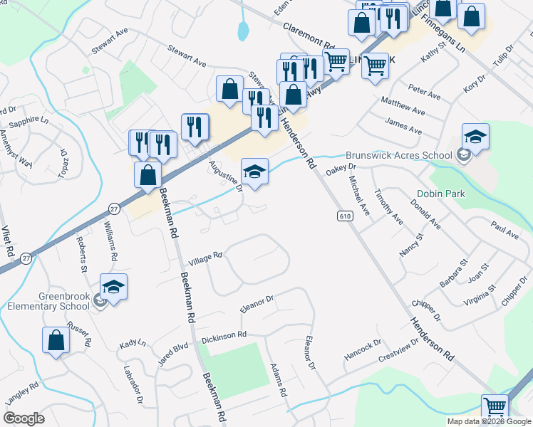 map of restaurants, bars, coffee shops, grocery stores, and more near 33 Colleen Court in South Brunswick Township