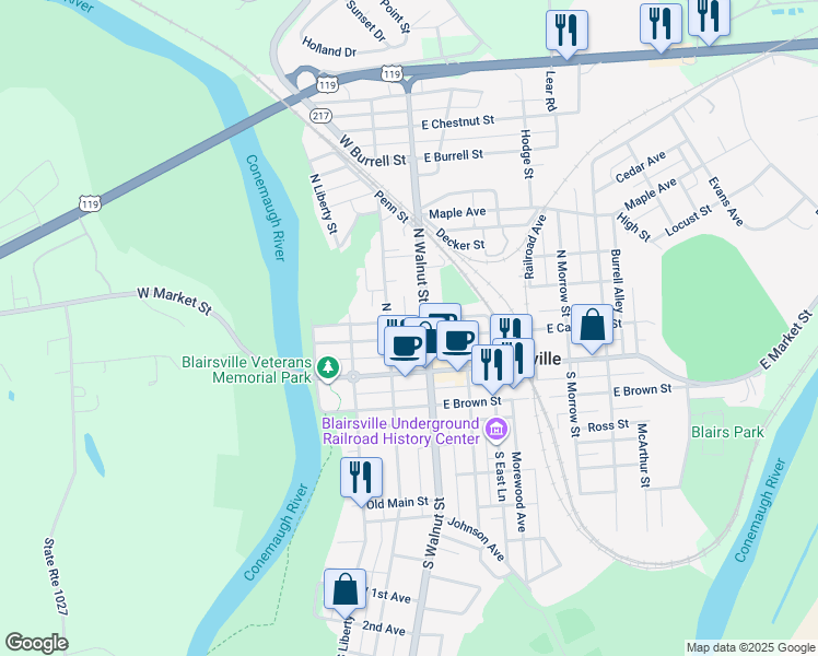 map of restaurants, bars, coffee shops, grocery stores, and more near 36 West Campbell Street in Blairsville