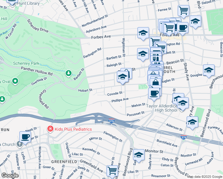 map of restaurants, bars, coffee shops, grocery stores, and more near 2104 Wendover Place in Pittsburgh