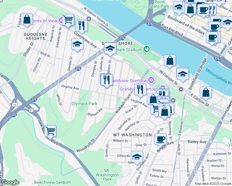 map of restaurants, bars, coffee shops, grocery stores, and more near 214 Amabell Street in Pittsburgh