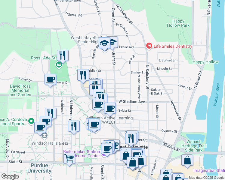 map of restaurants, bars, coffee shops, grocery stores, and more near 635 North Grant Street in West Lafayette