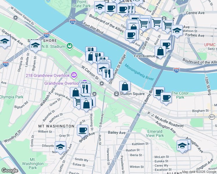 map of restaurants, bars, coffee shops, grocery stores, and more near E Carson St & Smithfield St Bridge in Pittsburgh