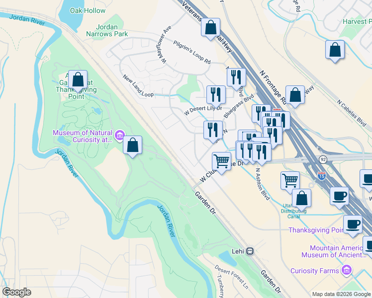 map of restaurants, bars, coffee shops, grocery stores, and more near 3281 Desert Merigold Way in Lehi