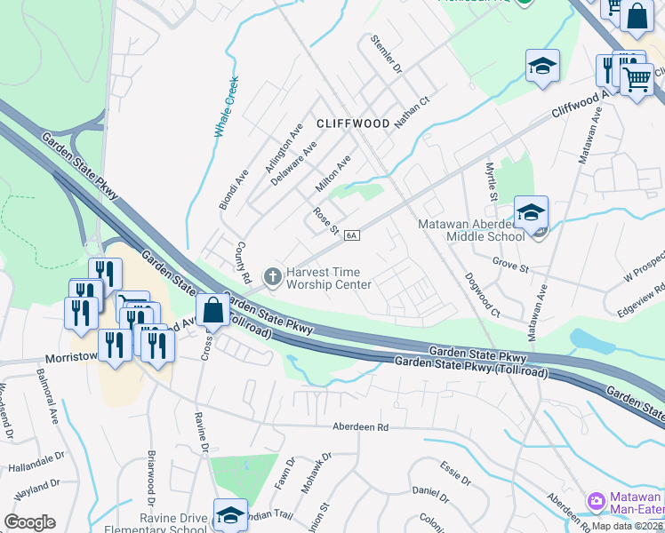 map of restaurants, bars, coffee shops, grocery stores, and more near 145 Cliffwood Avenue West in Aberdeen Township
