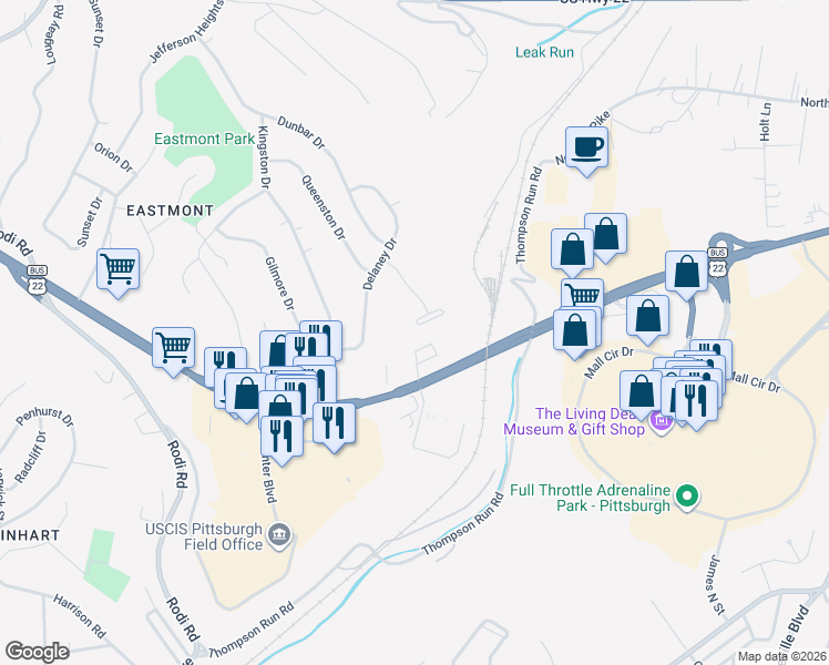 map of restaurants, bars, coffee shops, grocery stores, and more near 202 Hart Drive in Pittsburgh