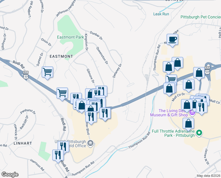 map of restaurants, bars, coffee shops, grocery stores, and more near 210 Kingston Drive in Pittsburgh
