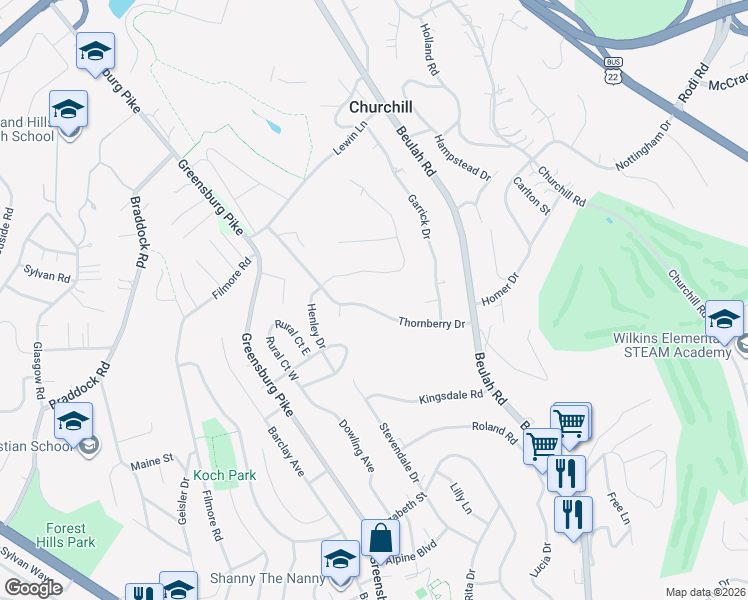 map of restaurants, bars, coffee shops, grocery stores, and more near 3824 Henley Drive in Pittsburgh