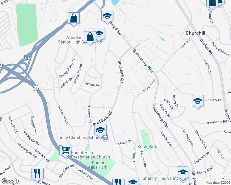 map of restaurants, bars, coffee shops, grocery stores, and more near 937 Braddock Road in Pittsburgh