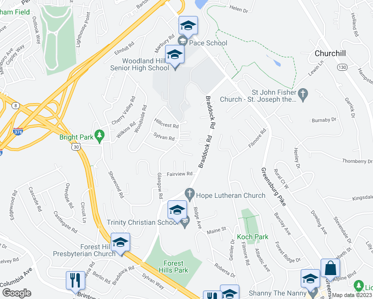 map of restaurants, bars, coffee shops, grocery stores, and more near 316 Glasgow Road in Pittsburgh