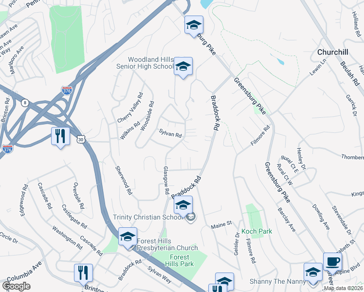 map of restaurants, bars, coffee shops, grocery stores, and more near 28 Sylvan Road in Pittsburgh