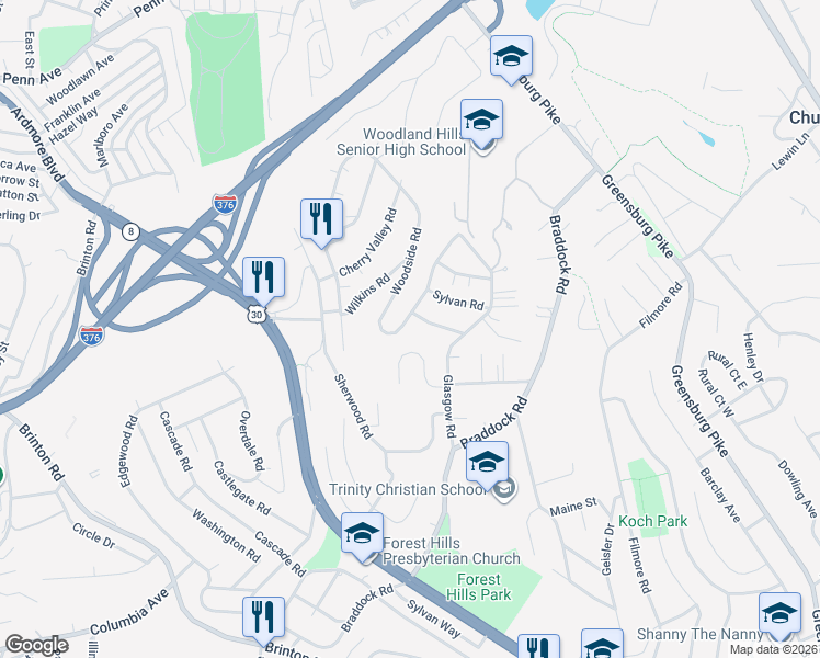 map of restaurants, bars, coffee shops, grocery stores, and more near 327 Woodside Road in Pittsburgh