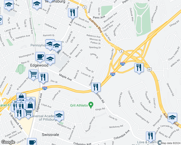 map of restaurants, bars, coffee shops, grocery stores, and more near 229 Dewey Street in Pittsburgh