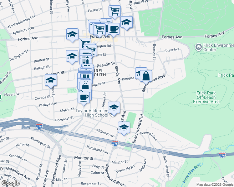 map of restaurants, bars, coffee shops, grocery stores, and more near 2230 Shady Avenue in Pittsburgh