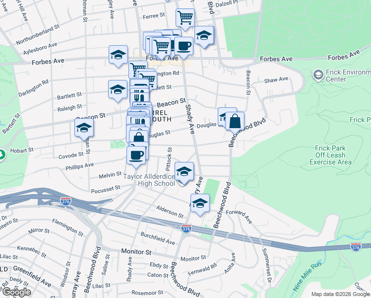 map of restaurants, bars, coffee shops, grocery stores, and more near 2230 Shady Avenue in Pittsburgh
