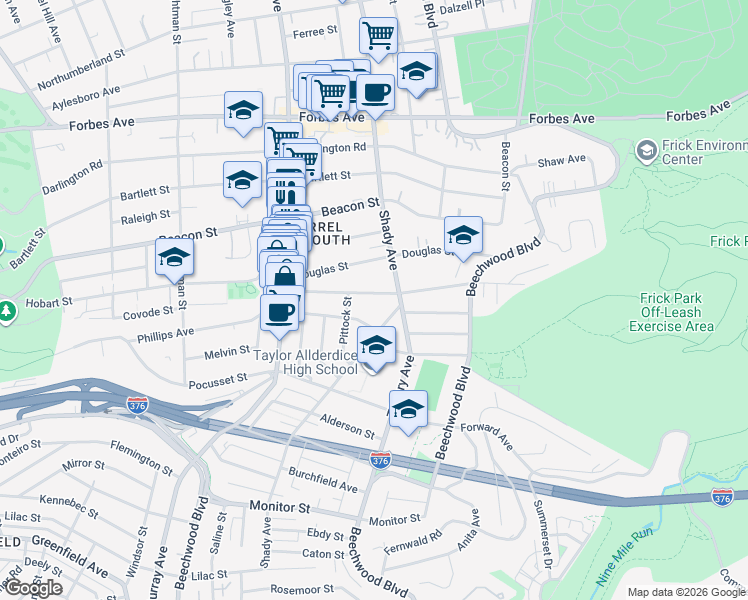 map of restaurants, bars, coffee shops, grocery stores, and more near 5907 Phillips Avenue in Pittsburgh