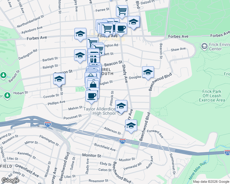 map of restaurants, bars, coffee shops, grocery stores, and more near 5907 Phillips Avenue in Pittsburgh