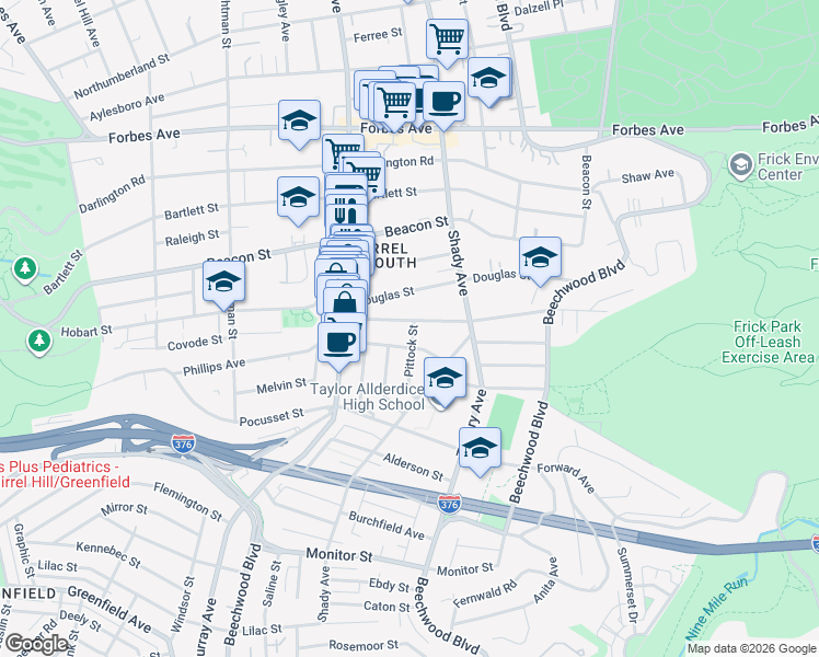 map of restaurants, bars, coffee shops, grocery stores, and more near 5907 Phillips Avenue in Pittsburgh