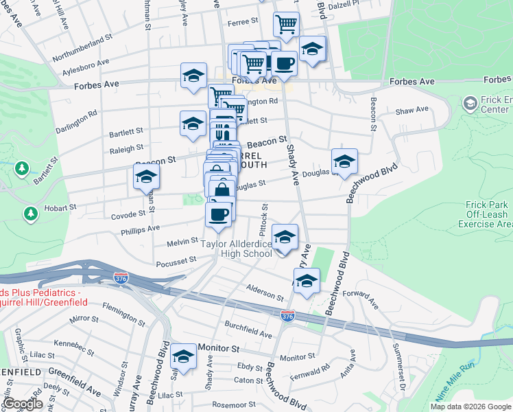 map of restaurants, bars, coffee shops, grocery stores, and more near 5841 Phillips Avenue in Pittsburgh