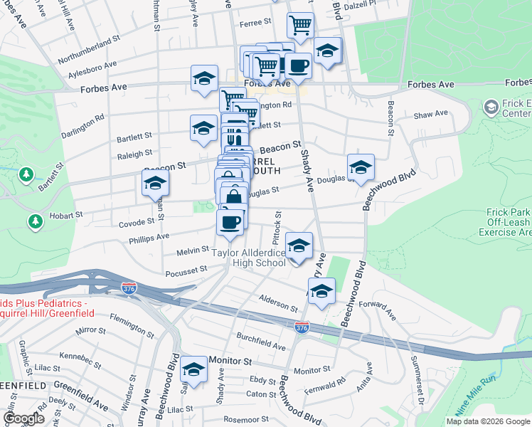 map of restaurants, bars, coffee shops, grocery stores, and more near 5841 Phillips Avenue in Pittsburgh