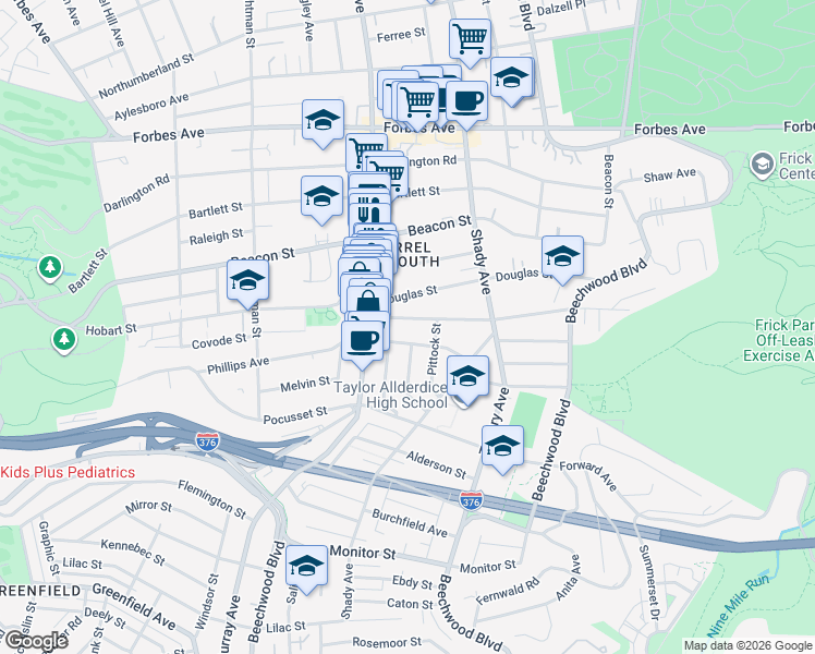 map of restaurants, bars, coffee shops, grocery stores, and more near 5841 Phillips Avenue in Pittsburgh