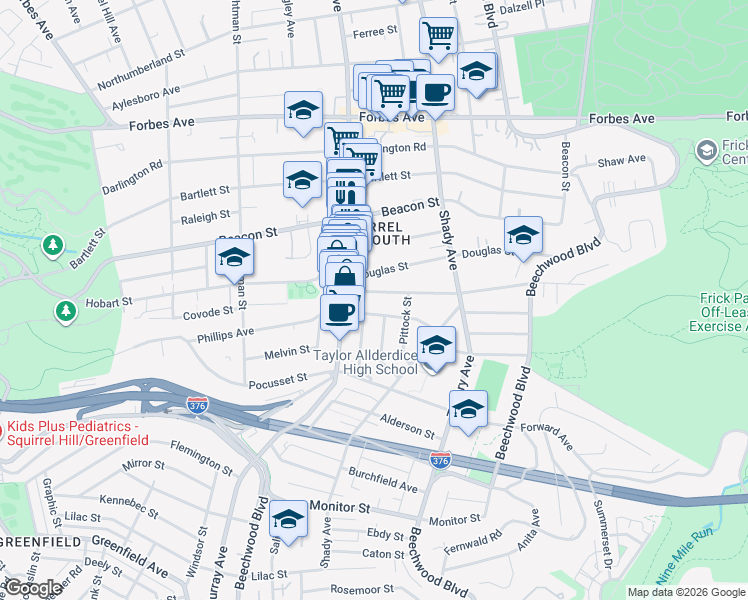map of restaurants, bars, coffee shops, grocery stores, and more near 5841 Phillips Avenue in Pittsburgh