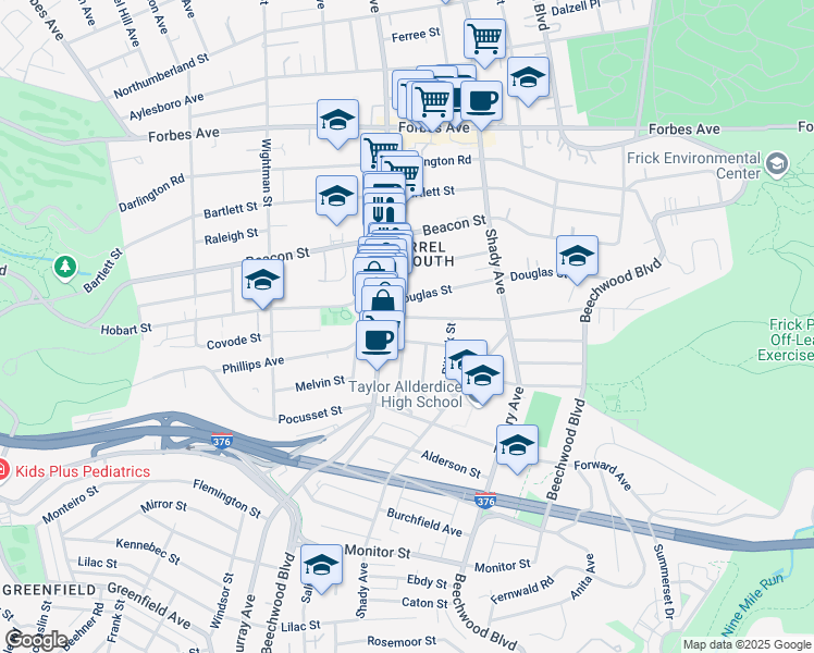 map of restaurants, bars, coffee shops, grocery stores, and more near 5841 Phillips Avenue in Pittsburgh