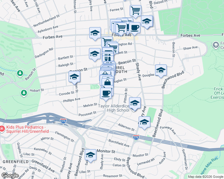 map of restaurants, bars, coffee shops, grocery stores, and more near 2209 Murray Avenue in Pittsburgh