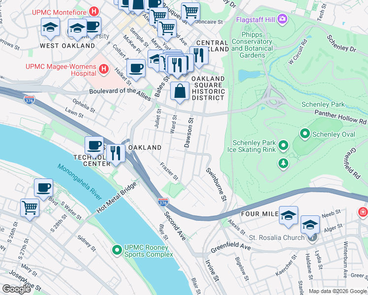 map of restaurants, bars, coffee shops, grocery stores, and more near in Pittsburgh