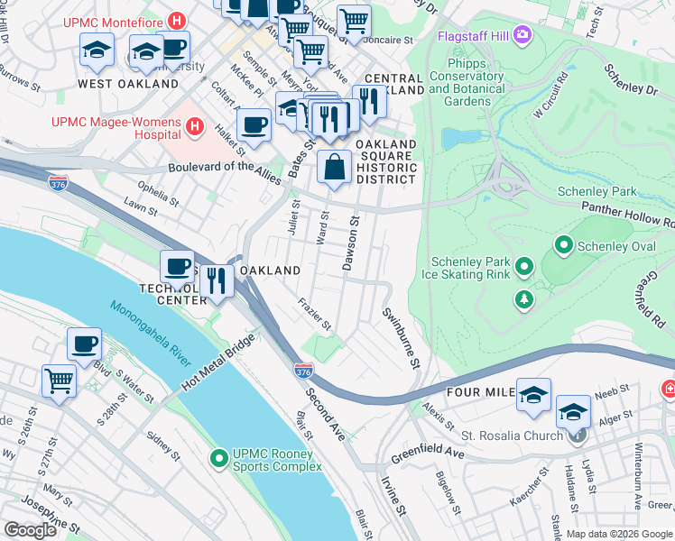 map of restaurants, bars, coffee shops, grocery stores, and more near in Pittsburgh