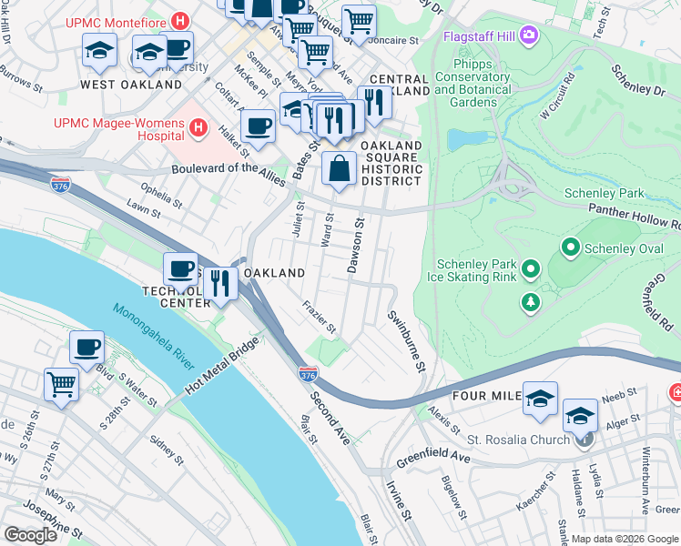 map of restaurants, bars, coffee shops, grocery stores, and more near in Pittsburgh