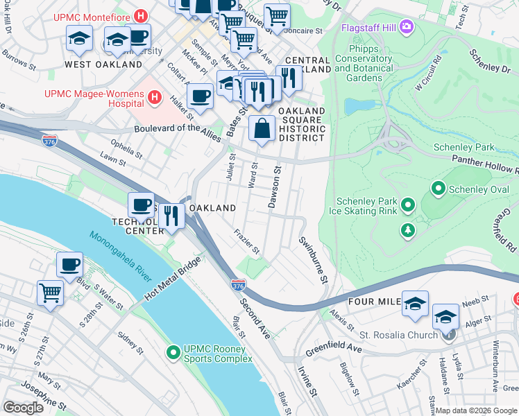 map of restaurants, bars, coffee shops, grocery stores, and more near in Pittsburgh