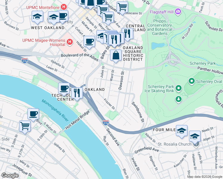 map of restaurants, bars, coffee shops, grocery stores, and more near in Pittsburgh