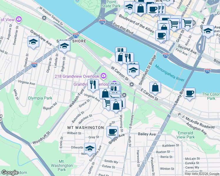 map of restaurants, bars, coffee shops, grocery stores, and more near 215 Grandview Avenue in Pittsburgh
