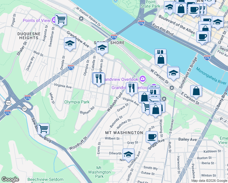 map of restaurants, bars, coffee shops, grocery stores, and more near 204 Ulysses Street in Pittsburgh