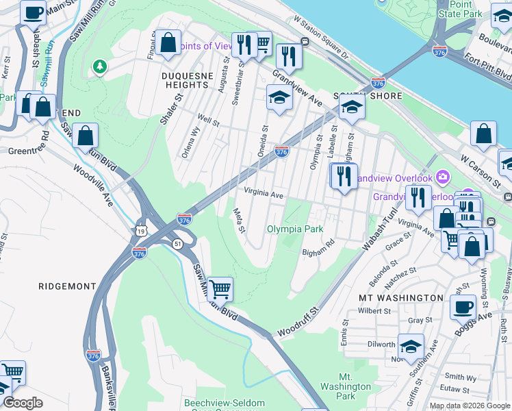 map of restaurants, bars, coffee shops, grocery stores, and more near 409 Oneida Street in Pittsburgh