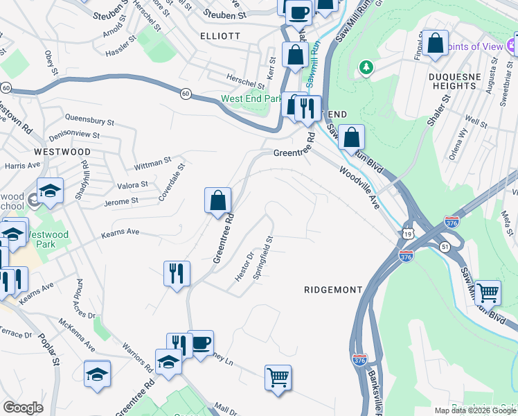 map of restaurants, bars, coffee shops, grocery stores, and more near 476 Ridgemont Drive in Pittsburgh