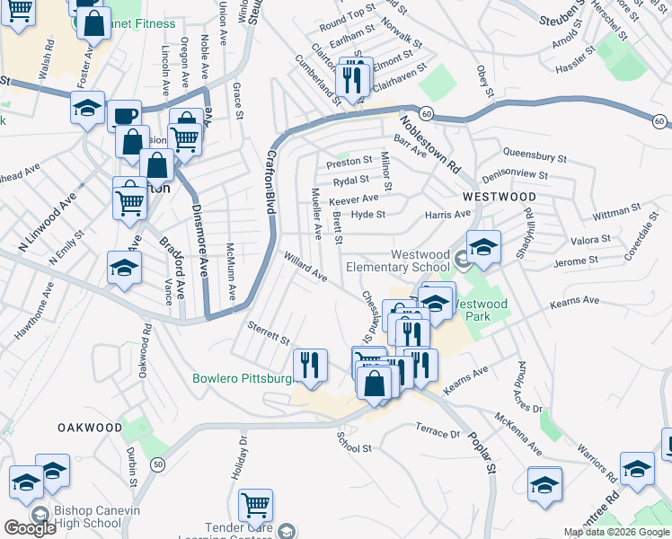map of restaurants, bars, coffee shops, grocery stores, and more near 425 Brett Street in Pittsburgh